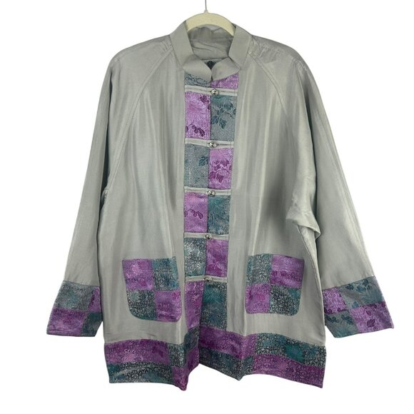 NEW Daily Planet Silk Blend Jacket‎ Women XL Purple Gray Asian India Floral Boho - Picture 1 of 6